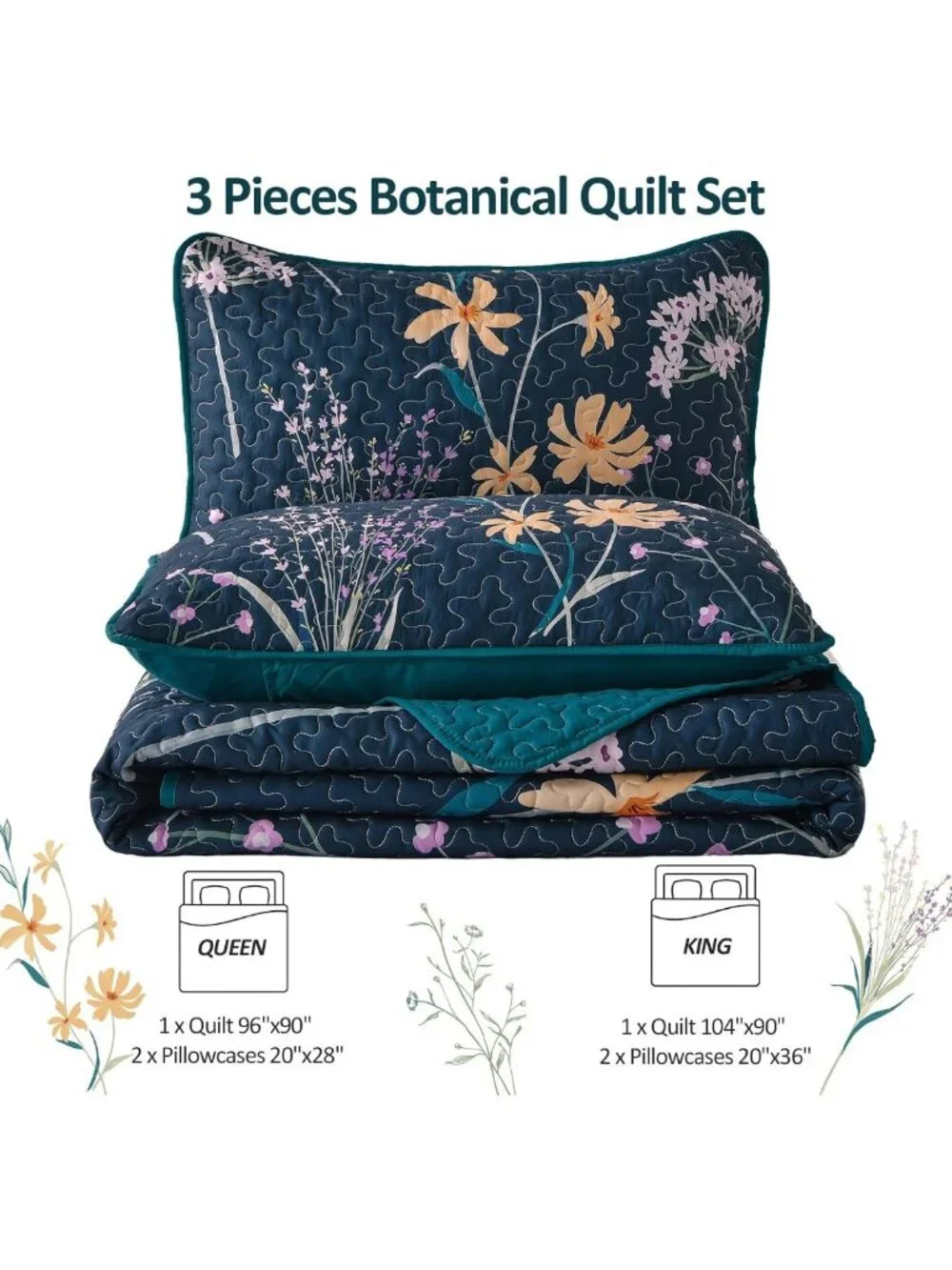 King Size Floral Quilt Set - Dark Green Botanical Bedspread for Cozy Bedrooms